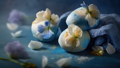 Naklejka na ściany i meble a group of blue and white flowers on a blue cloth with petals scattered around it on a blue table cloth with a blue cloth on it. generative ai