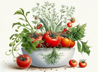 Tomatenpflanze im Topf mit roten Tomaten und Blättern