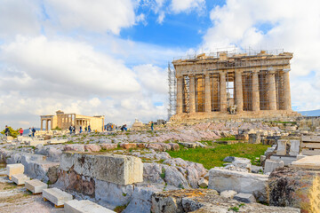 View of the ancient Parthenon with the Erechtheion temple of Athena Polias in the distance, on...