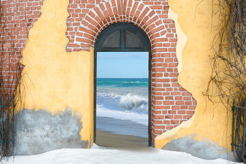 View of the raging sea and the beach through a beautiful arch in the snow. Winter dream of warm sea.