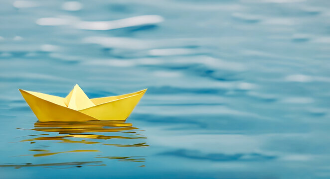 A single yellow paper boat floating on blue water - symbolic of adventurous future prospects - Generative AI