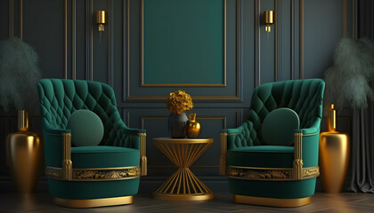 Large master living room in dark green colors set of chairs and gold table generative ai