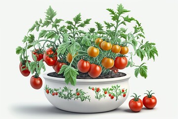 Tomatenpflanze im Topf mit roten Tomaten und Blättern