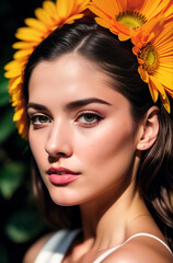 Naklejka premium Closeup portrait of a beautiful girl with a flower wreath on her head. Generative AI.