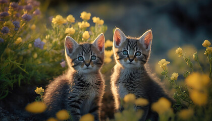 Obraz premium Closeup of two kittens in a field of flowers at golden hour. Beautiful depth of field blurry background. Created using Generative AI