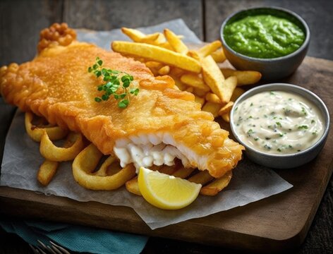 Crispy fried fish and thick - cut chips, all served with a side of tangy tartar sauce. Generative AI