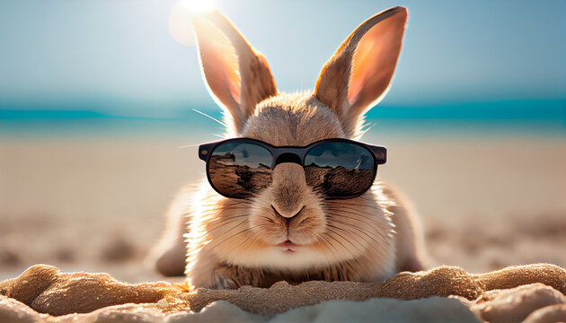 Highly defined macrophotography selfie of a cute young rabbit with sunglasses on top of the beach