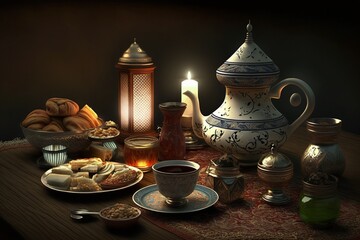 Fototapeta premium moonlit ramadan a scenic view of a crescent moon and a glowing cityscape food