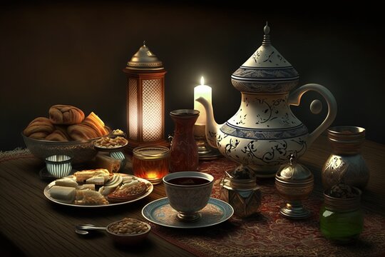 moonlit ramadan a scenic view of a crescent moon and a glowing cityscape food