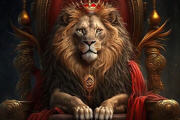 Imperial Power: A Majestic Royal Lion Sitting on a Regal Throne - Artwork in Red, Robes, and Crown: Generative AI - obrazy, fototapety, plakaty