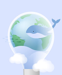 Light bulb with ocean and whale. Illustration for World Earth Day.