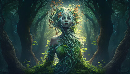 Beautiful dryad goddess in forest dryad goddess merging with a magical forest generative ai