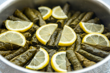 Traditional delicious Turkish foods , stuffed leaves ,traditional turkish dish made from rice wrapped in grape leaves