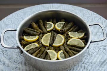 Traditional delicious Turkish foods , stuffed leaves ,traditional turkish dish made from rice wrapped in grape leaves