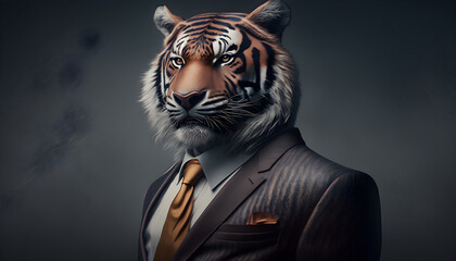 Fototapeta na wymiar Portrait of a tiger dressed in a formal business suit generative ai