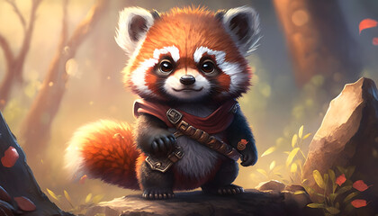 A cute adorable baby red panda rendered in the style of children-friendly cartoon animation fantasy style generative ai
