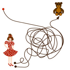  Children's educational game. Find the girl's correct path to the teddy bear.