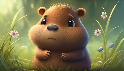 A cute adorable baby capybara rendered in the style of children-friendly cartoon animation fantasy style generative ai