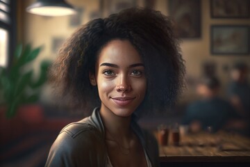 Young beautiful trendy afro woman taking break and drinking coffee in cafe