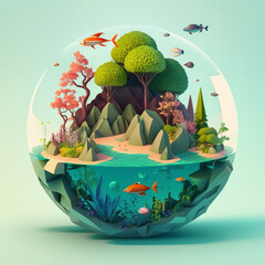 Ai generated illustration of poly sphere terrarium paradise island, cartoon globe in low polygonal 3d model style, isometric diorama island with sea, trees, mountains. green concept landscape design