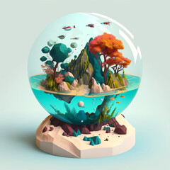 Ai generated illustration of poly sphere terrarium paradise island, cartoon globe in low polygonal 3d model style, isometric diorama island with sea, tree, mountains. green ecology concept landscape 
