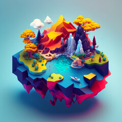 Ai generated illustration of beautiful fantasy paradise island, cartoon in low polygonal 3d model style, isometric diorama island with sea, tree, mountains, boats. Game and green concept landscape