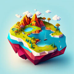 Ai generated illustration of beautiful fantasy paradise island, cartoon in low polygonal 3d model style, isometric diorama island with lake, trees, golf course, boats. Game and green concept landscape