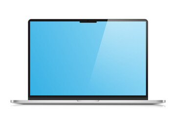 The layout of a modern laptop in a silver thin metal case. Laptop with a blue screen and reflection on a white background. Vector illustration.