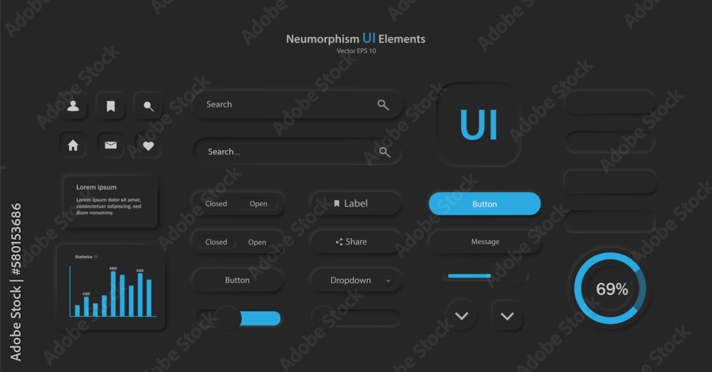 Poster a collection of icons for user interface development in black and blue. a set of user interface elem