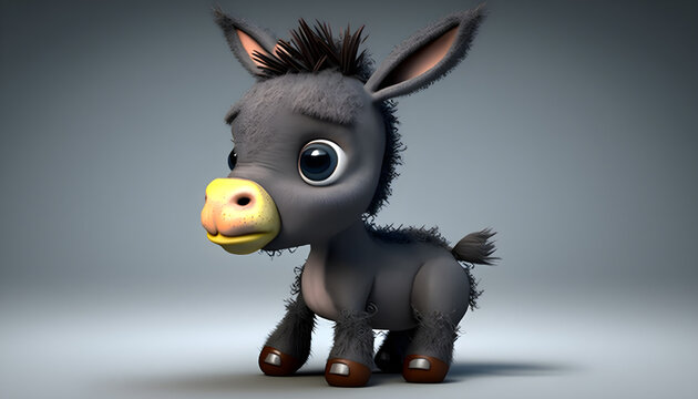 A cute adorable baby donkey rendered in the style of children-friendly cartoon animation fantasy style generative ai