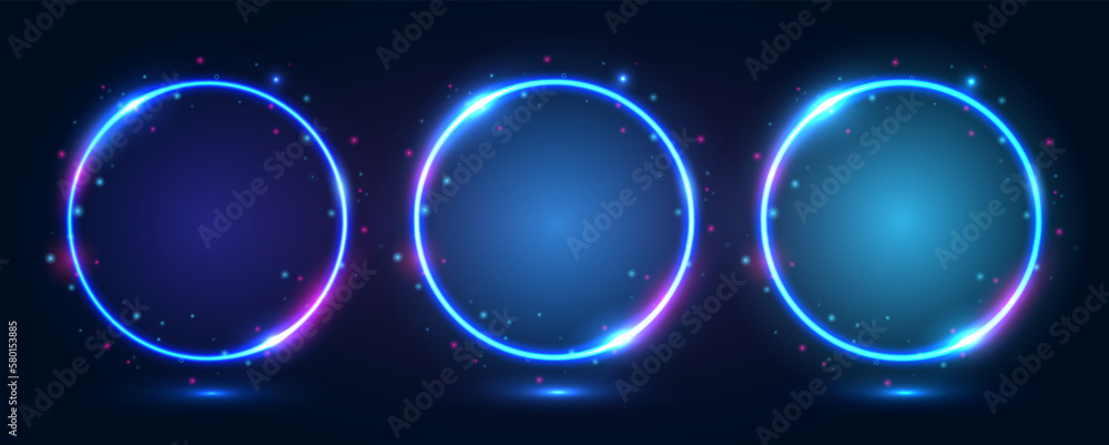 Poster a set of round neon frames with shining effects and highlights on a dark background. futuristic mode