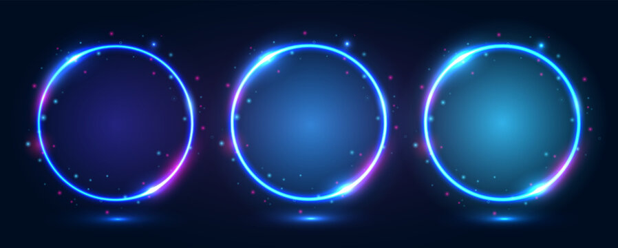 A set of round neon frames with shining effects and highlights on a dark background. Futuristic modern neon glowing banners. Vector EPS 10.