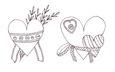 Two black and white hearts decorated with buttons, ribbons and plants with leaves hand drawn on white background
