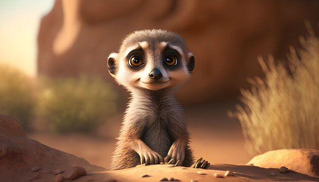 A cute adorable baby meerkat rendered in the style of children-friendly cartoon animation fantasy style generative ai