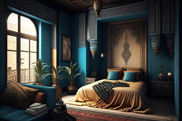 Elegant Moroccan style bedroom interior with a turquoise theme. AI generated.