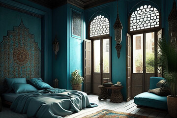 Elegant Moroccan style bedroom interior with a turquoise theme. AI generated.