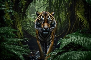 Mighty Tiger lurking in the jungle | Ai Generated animal illustrations/backgrounds/wallpapers |