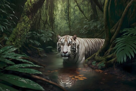 White Tiger hunting in the jungle | Ai Generated animal illustrations/backgrounds/wallpapers |