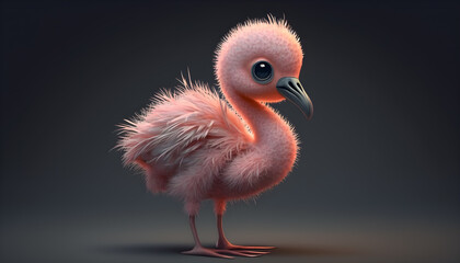 A cute adorable baby flamingo rendered in the style of children-friendly cartoon animation fantasy style generative ai