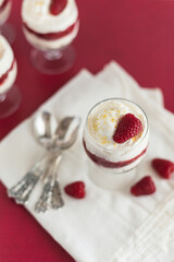 Raspberry Cheescake Parfaits on Red Surface and White Background
