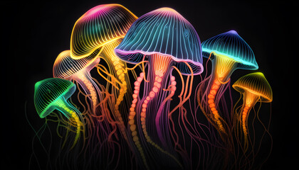 Glowing neon sea jellyfishes on dark background generative ai