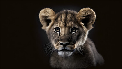 Plakat Portrait of a baby tiger on a black background generative ai