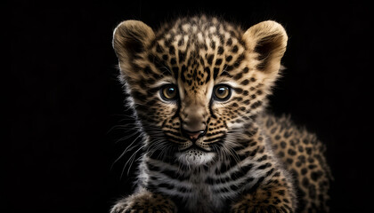 Fototapeta na wymiar Portrait of a baby leopard on a black background generative ai