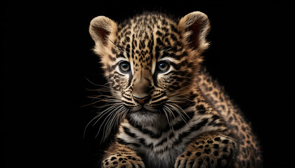 Obraz na płótnie Canvas Portrait of a baby leopard on a black background generative ai