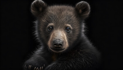 Fototapeta premium Portrait of a baby bear on a black background generative ai