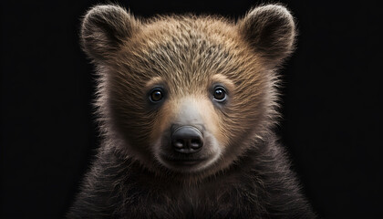 Portrait of a baby bear on a black background generative ai