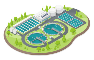 Wastewater Treatment process ecology sewage treatment for save world concept cartoon symbols  isometric isolated illustration vector - obrazy, fototapety, plakaty