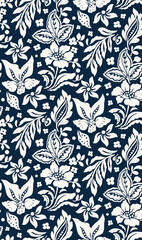 Seamless geometric tropical flowers pattern.