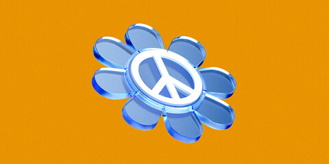 Peace Flower in blue glossy and orange background, retro style, 2023 