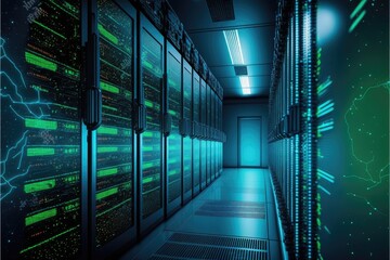 Database center room with fully service system operated by software server rack. Concept of dark with neon blue green lights with darkness. Finest generative AI.